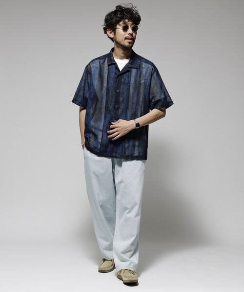 Firsthand（ファーストハンド）の「Firsthand/ファーストハンド オーバーサイズ ランダムメッシュ オープンカラーシャツ / シアー 柄シャツ / イージーケア（シャツ/ブラウス・メンズ・ネイビー/マスタード・M/L）」の16枚目の写真