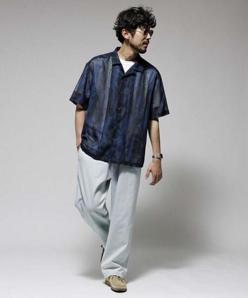 Firsthand（ファーストハンド）の「Firsthand/ファーストハンド オーバーサイズ ランダムメッシュ オープンカラーシャツ / シアー 柄シャツ / イージーケア（シャツ/ブラウス・メンズ・ネイビー/マスタード・M/L）」の17枚目の写真