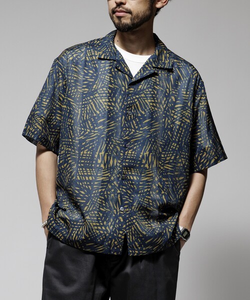Firsthand（ファーストハンド）の「Firsthand/ファーストハンド オーバーサイズ ランダムメッシュ オープンカラーシャツ / シアー 柄シャツ / イージーケア（シャツ/ブラウス・メンズ・ネイビー/マスタード・M/L）」の18枚目の写真