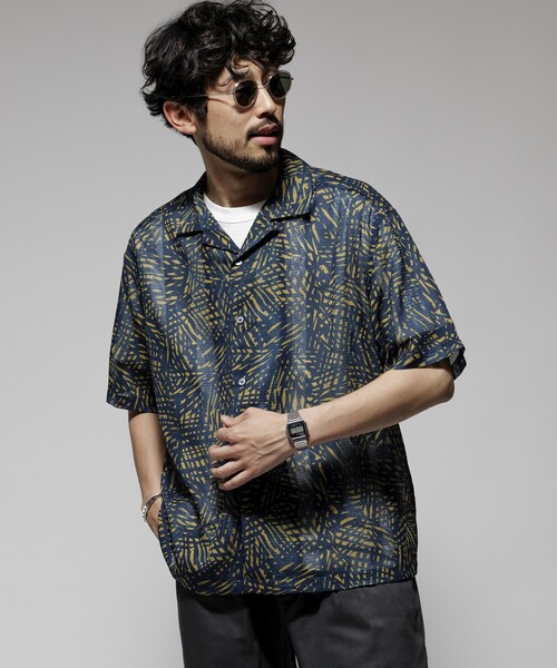 Firsthand（ファーストハンド）の「Firsthand/ファーストハンド オーバーサイズ ランダムメッシュ オープンカラーシャツ / シアー 柄シャツ / イージーケア（シャツ/ブラウス・メンズ・ネイビー/マスタード・M/L）」の19枚目の写真