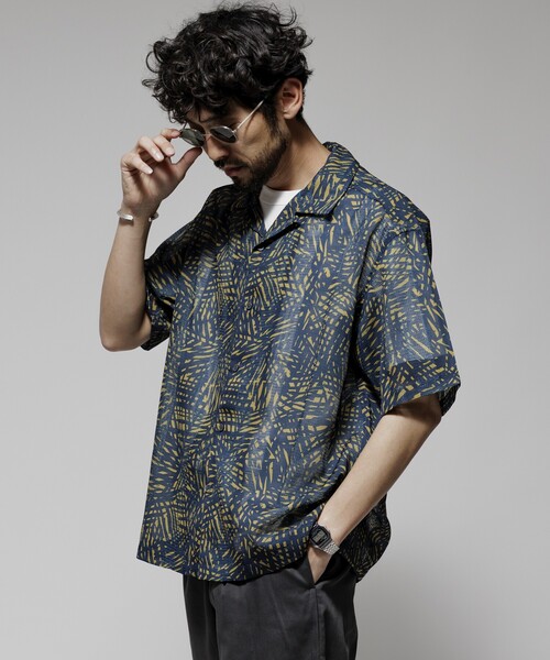 Firsthand（ファーストハンド）の「Firsthand/ファーストハンド オーバーサイズ ランダムメッシュ オープンカラーシャツ / シアー 柄シャツ / イージーケア（シャツ/ブラウス・メンズ・ネイビー/マスタード・M/L）」の20枚目の写真