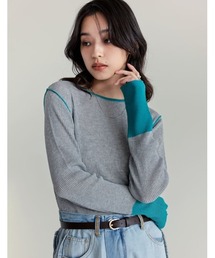 麻タッチ配色ニットプルオーバー