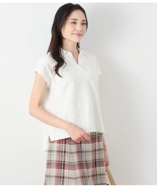 NEWYORKER（ニューヨーカー）の「コットンブークレー スキッパーニットポロシャツ（ポロシャツ・レディース・ブラウン/ライトグリーン/ホワイト・L/M）」の2枚目の写真