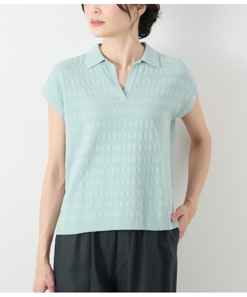 NEWYORKER（ニューヨーカー）の「コットンブークレー スキッパーニットポロシャツ（ポロシャツ・レディース・ブラウン/ライトグリーン/ホワイト・L/M）」の4枚目の写真