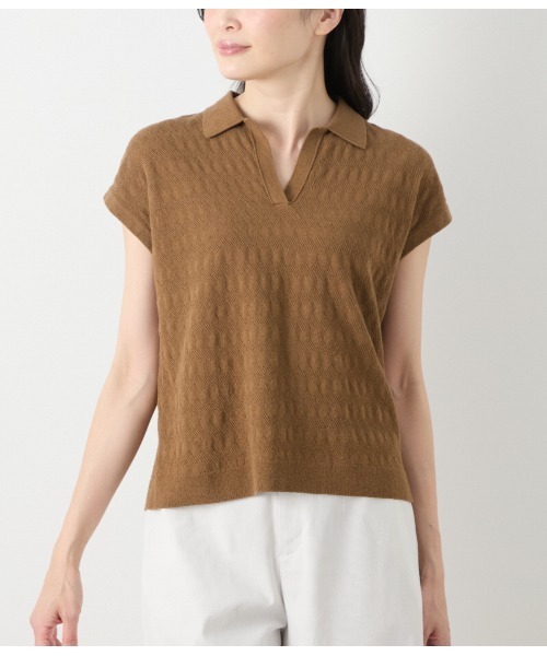 NEWYORKER（ニューヨーカー）の「コットンブークレー スキッパーニットポロシャツ（ポロシャツ・レディース・ブラウン/ライトグリーン/ホワイト・L/M）」の13枚目の写真