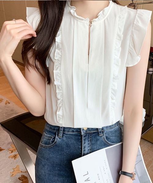 maison de LATIR（メゾンドラティール）の「夏服にピッタリなフレンチスリーブ上品フリルブラウス（シャツ/ブラウス・レディース・ベージュ/グリーン/ドット/レオパード・ONESIZE）」の8枚目の写真