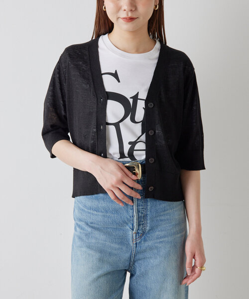 Drawing Numbers（ドローイング ナンバーズ）の「【Drawing Numbers】リネンカーディガン（カーディガン/ボレロ・レディース・ブラック/レッド/ホワイト/ブラウン・38）」の3枚目の写真