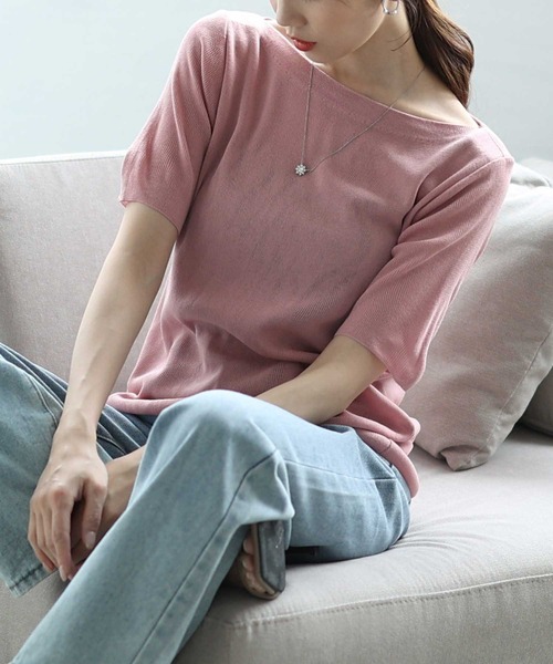 Sawa a la mode（サワアラモード）の「ボートネックサマーニットトップス（ニット/セーター・レディース・ブルー/ブラック/ホワイト/ピンク/グリーン/イエロー・FREE）」の6枚目の写真