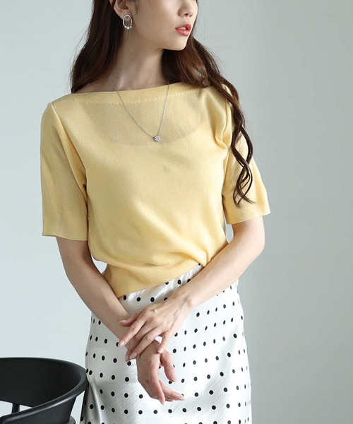 Sawa a la mode（サワアラモード）の「ボートネックサマーニットトップス（ニット/セーター・レディース・ブルー/ブラック/ホワイト/ピンク/グリーン/イエロー・FREE）」の5枚目の写真