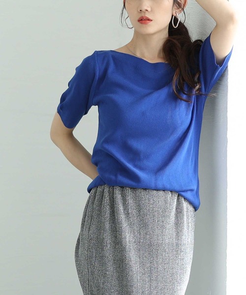 Sawa a la mode（サワアラモード）の「ボートネックサマーニットトップス（ニット/セーター・レディース・ブルー/ブラック/ホワイト/ピンク/グリーン/イエロー・FREE）」の4枚目の写真