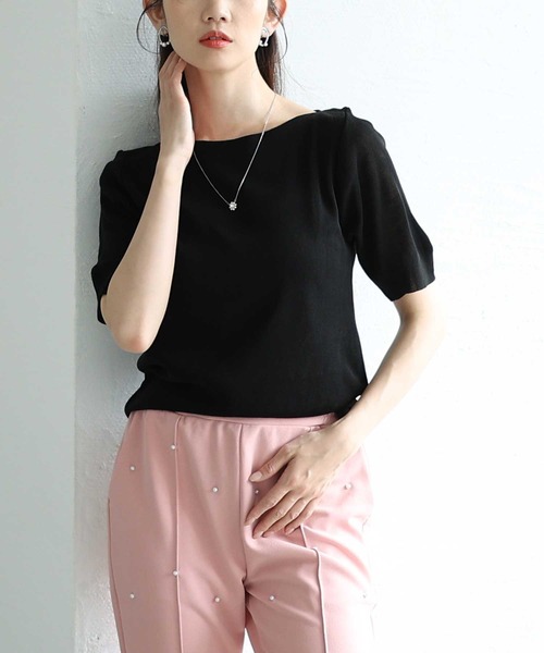 Sawa a la mode（サワアラモード）の「ボートネックサマーニットトップス（ニット/セーター・レディース・ブルー/ブラック/ホワイト/ピンク/グリーン/イエロー・FREE）」の2枚目の写真