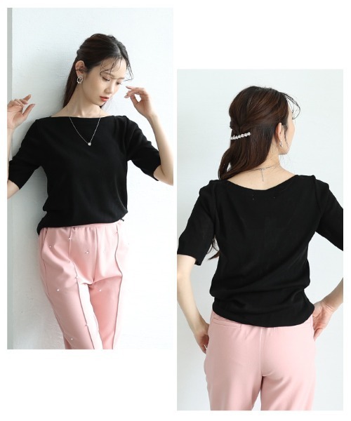 Sawa a la mode（サワアラモード）の「ボートネックサマーニットトップス（ニット/セーター・レディース・ブルー/ブラック/ホワイト/ピンク/グリーン/イエロー・FREE）」の21枚目の写真