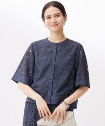 ジオメトリックフラワーレースクロップド丈シャツ ブラウス（シャツ