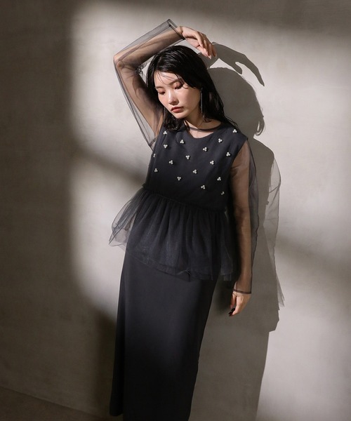 Kana（カナ）の「シアートップス パールペプラムワンピース  パーティー ドレス 2点 セット 結婚式 お呼ばれ オケージョン（ドレス・レディース・チャコールグレー/ブラック/カーキ・M）」の14枚目の写真