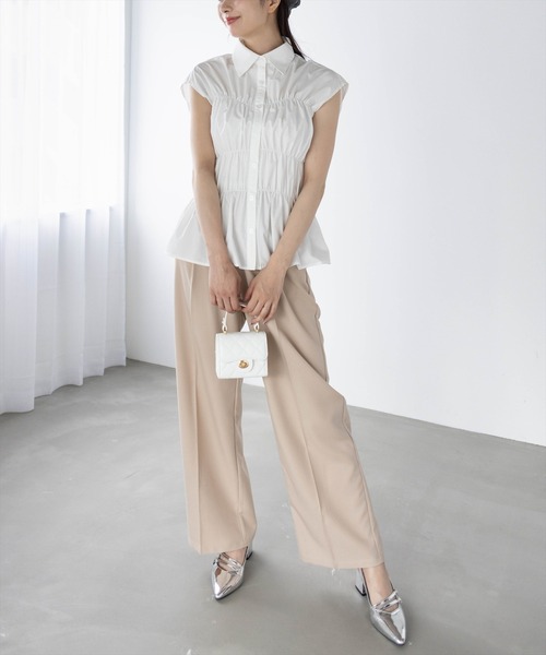 CLEAR BASIC（クリアベーシック）の「フレンチスリーブシャーリングブラウス[オフィスカジュアル 着回し抜群 大人]≪SS新作≫（シャツ/ブラウス・レディース・ブラック/オフホワイト/ブルー系その他・F）」の6枚目の写真