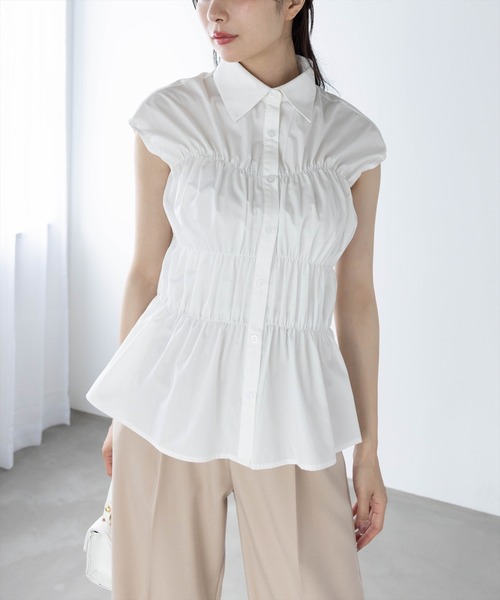 CLEAR BASIC（クリアベーシック）の「フレンチスリーブシャーリングブラウス[オフィスカジュアル 着回し抜群 大人]≪SS新作≫（シャツ/ブラウス・レディース・ブラック/オフホワイト/ブルー系その他・F）」の7枚目の写真