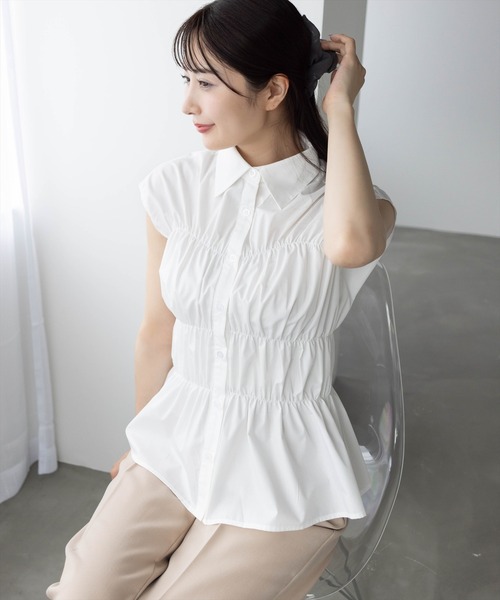 CLEAR BASIC（クリアベーシック）の「フレンチスリーブシャーリングブラウス[オフィスカジュアル 着回し抜群 大人]≪SS新作≫（シャツ/ブラウス・レディース・ブラック/オフホワイト/ブルー系その他・F）」の8枚目の写真