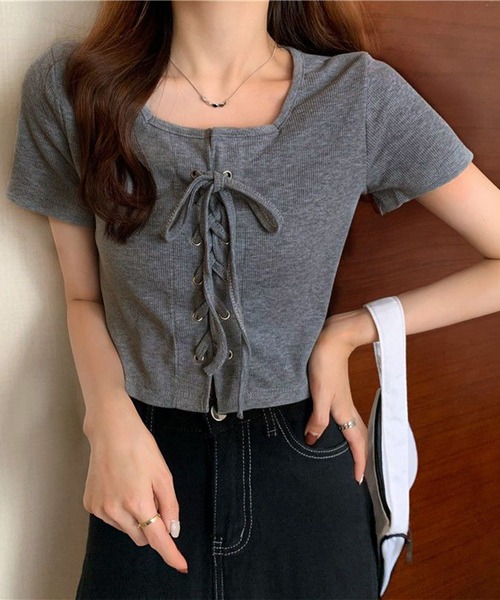 LYEON(リヨン)の「編上げレースアップテレコショートT/スクエアネックトップス(Tシャツ/カットソー・レディース・ホワイト/グレー・MEDIUM/LARGE)」の10枚目の写真