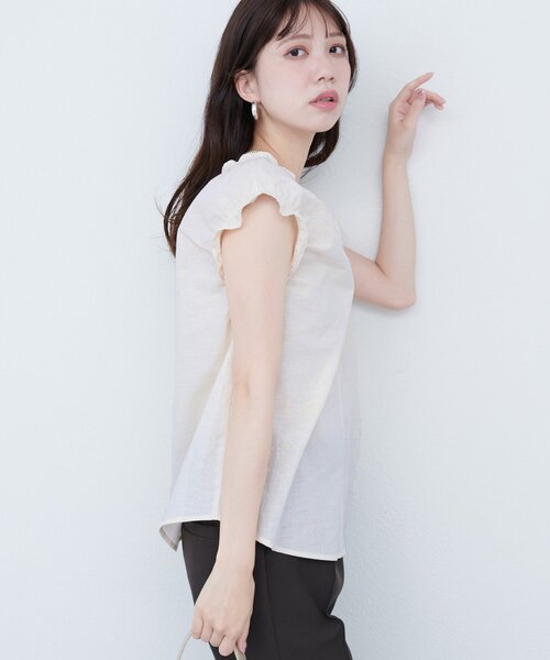 美品✨ヌキテパ コットンギャザーブラウス フリルカラー ベージュ インド綿 美品✨ヌキテパ コットンギャザーブラウス フリルカラー