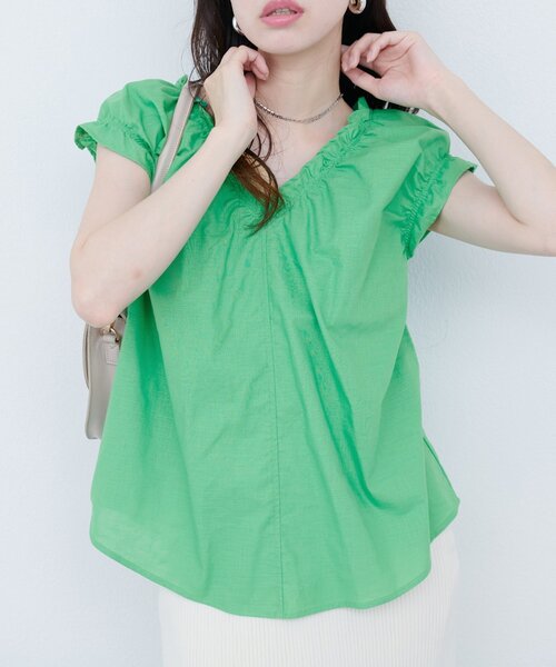 natural couture(ナチュラルクチュール)の「綿麻ギャザーフリルブラウス(シャツ/ブラウス・レディース・その他1/グリーン/オフホワイト/ブルー/ピンク系その他/ブラック・FREE)」の21枚目の写真