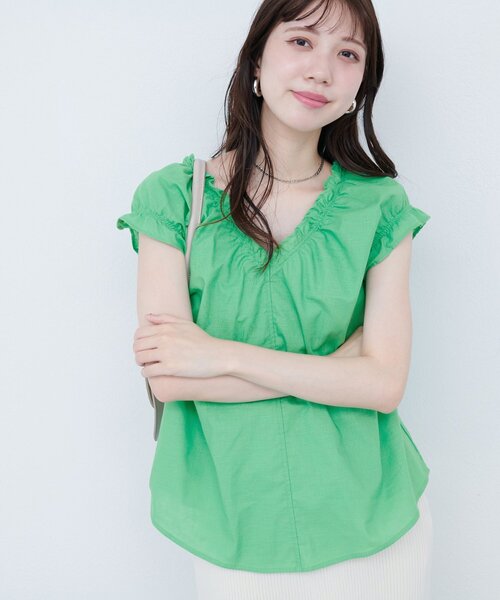 natural couture(ナチュラルクチュール)の「綿麻ギャザーフリルブラウス(シャツ/ブラウス・レディース・その他1/グリーン/オフホワイト/ブルー/ピンク系その他/ブラック・FREE)」の19枚目の写真