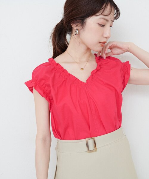 natural couture(ナチュラルクチュール)の「綿麻ギャザーフリルブラウス(シャツ/ブラウス・レディース・その他1/グリーン/オフホワイト/ブルー/ピンク系その他/ブラック・FREE)」の8枚目の写真