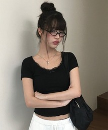 anyonemore（エニワンモア）の「レーススクエアネックリボン半袖Tシャツ（Tシャツ/カットソー・レディース）」