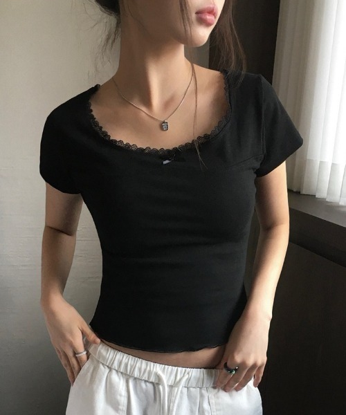 ANMARY リボン付き半袖Tシャツ セール】【新色追加】4色展開リボンデザイン半袖Tシャツ（T