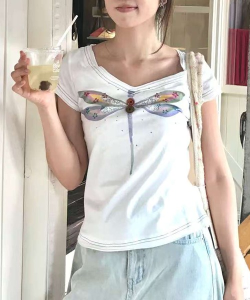 AsheKsha(アシクシャ)の「【新作】韓国コットン トンボ ダブルレイヤー Vネック 半袖(Tシャツ/カットソー・レディース・ホワイト・M)」の1枚目の写真