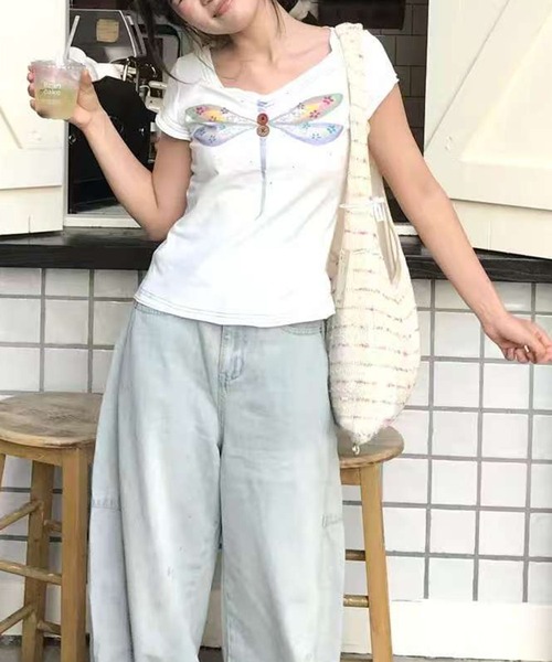 AsheKsha(アシクシャ)の「【新作】韓国コットン トンボ ダブルレイヤー Vネック 半袖(Tシャツ/カットソー・レディース・ホワイト・M)」の2枚目の写真