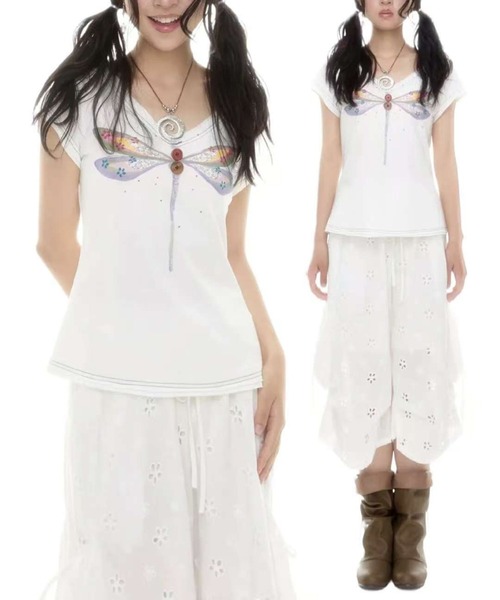 AsheKsha(アシクシャ)の「【新作】韓国コットン トンボ ダブルレイヤー Vネック 半袖(Tシャツ/カットソー・レディース・ホワイト・M)」の7枚目の写真