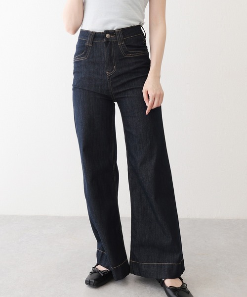 ステッチ セミワイド フレア デニム パンツ（デニムパンツ