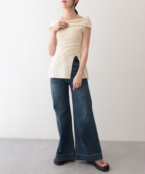 セール】ステッチ セミワイド フレア デニム パンツ（デニム