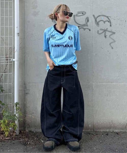   DENIM ストライプTシャツ 2枚セット セール】ストライプユニフォームTシャツ（Tシャツ/カットソー