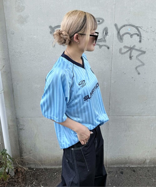 sedacle（セダクル）の「ストライプユニフォームTシャツ（Tシャツ/カットソー・レディース・ライトブルー/チャコールグレー/ライトグレー/ボルドー・SMALL/MEDIUM/LARGE）」の6枚目の写真