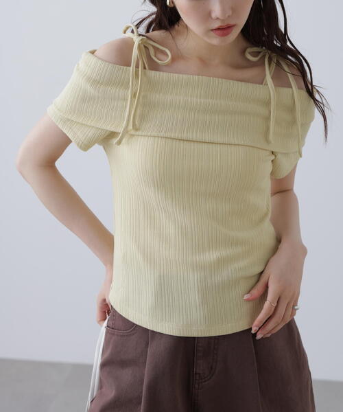 FREE'S MART(フリーズマート)の「肩リボンオフショルカットソー(Tシャツ/カットソー・レディース・ホワイト/ネイビー/イエロー・FREE)」の1枚目の写真