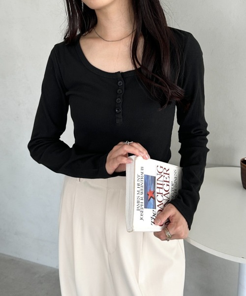 セール】ヘンリーネック長袖リブコンパクトトップス（Tシャツ