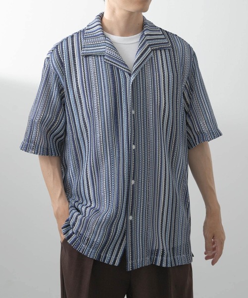 ITEMS URBANRESEARCH（アイテムズ アーバンリサーチ）の「マルチストライプレースオープンカラーショートスリーブシャツ（シャツ/ブラウス・メンズ・ブラック/ブルー/グリーン・LARGE/MEDIUM）」の3枚目の写真
