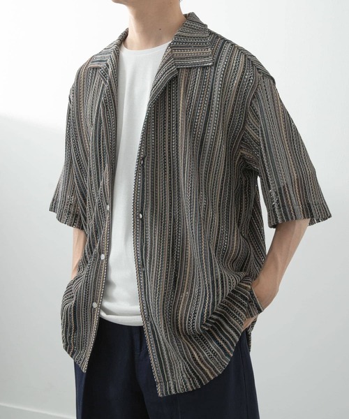 ITEMS URBANRESEARCH（アイテムズ アーバンリサーチ）の「マルチストライプレースオープンカラーショートスリーブシャツ（シャツ/ブラウス・メンズ・ブラック/ブルー/グリーン・LARGE/MEDIUM）」の10枚目の写真