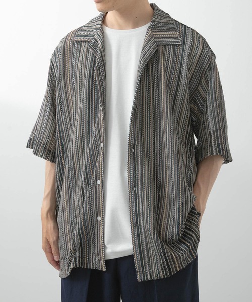 ITEMS URBANRESEARCH（アイテムズ アーバンリサーチ）の「マルチストライプレースオープンカラーショートスリーブシャツ（シャツ/ブラウス・メンズ・ブラック/ブルー/グリーン・LARGE/MEDIUM）」の11枚目の写真