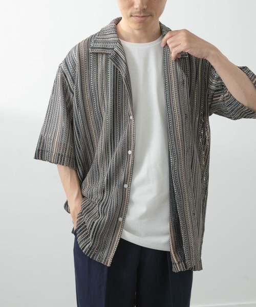 ITEMS URBANRESEARCH（アイテムズ アーバンリサーチ）の「マルチストライプレースオープンカラーショートスリーブシャツ（シャツ/ブラウス・メンズ・ブラック/ブルー/グリーン・LARGE/MEDIUM）」の12枚目の写真