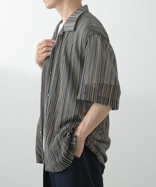 ITEMS URBANRESEARCH（アイテムズ アーバンリサーチ）の「マルチストライプレースオープンカラーショートスリーブシャツ（シャツ/ブラウス・メンズ・ブラック/ブルー/グリーン・LARGE/MEDIUM）」の13枚目の写真