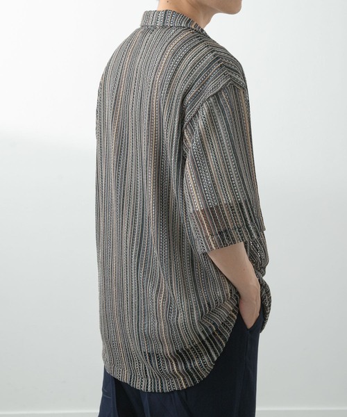 ITEMS URBANRESEARCH（アイテムズ アーバンリサーチ）の「マルチストライプレースオープンカラーショートスリーブシャツ（シャツ/ブラウス・メンズ・ブラック/ブルー/グリーン・LARGE/MEDIUM）」の14枚目の写真