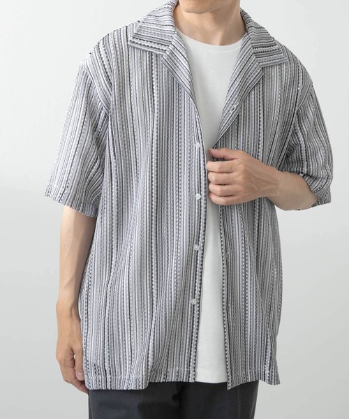 ITEMS URBANRESEARCH（アイテムズ アーバンリサーチ）の「マルチストライプレースオープンカラーショートスリーブシャツ（シャツ/ブラウス・メンズ・ブラック/ブルー/グリーン・LARGE/MEDIUM）」の16枚目の写真