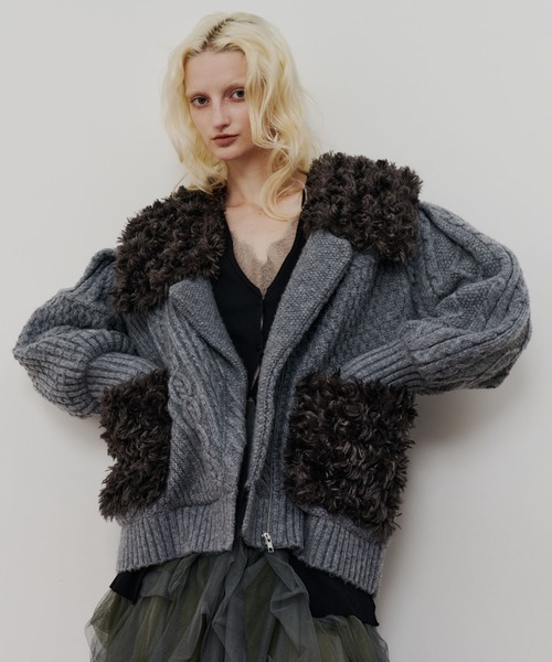 【新品タグ付】ラベルエチュード ニッティング×ファーニットライダースジャコット TEN by LA BELLE ETUDE】ニッティングパターン×ファーニットライダース