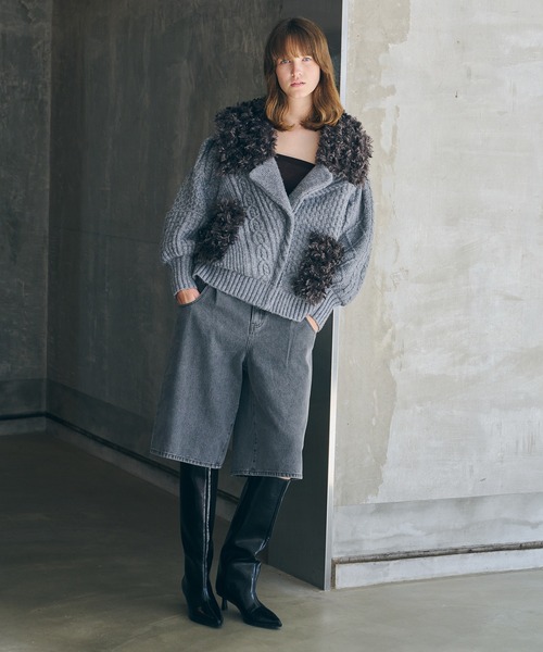 【新品タグ付】ラベルエチュード ニッティング×ファーニットライダースジャコット TEN by LA BELLE ETUDE】ニッティングパターン×ファーニットライダース