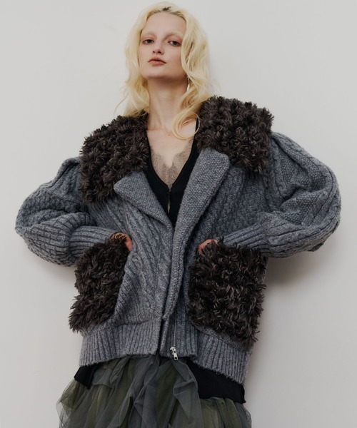 【新品タグ付】ラベルエチュード ニッティング×ファーニットライダースジャコット TEN by LA BELLE ETUDE】ニッティングパターン×ファーニットライダース