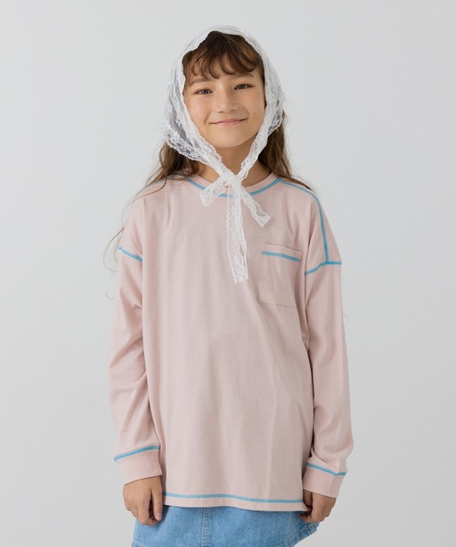 JAM & LINK（ジャムアンドリンク）の「配色ステッチ 長袖Tシャツ（Tシャツ/カットソー・キッズ・ラベンダー/スモークピンク/オートミール/ワインレッド/ネイビー/ブラック/チャコールグレー/ミント/サックスブルー・110cm/100cm/120cm/130cm/140cm/150cm/160cm）」の8枚目の写真