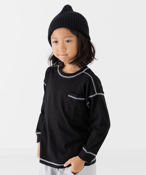 JAM & LINK（ジャムアンドリンク）の「配色ステッチ 長袖Tシャツ（Tシャツ/カットソー・キッズ・ラベンダー/スモークピンク/オートミール/ワインレッド/ネイビー/ブラック/チャコールグレー/ミント/サックスブルー・110cm/100cm/120cm/130cm/140cm/150cm/160cm）」の2枚目の写真