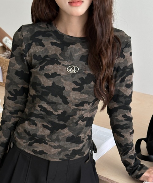 BOTT 迷彩柄 長袖カットソー セール】サイドドロスト／迷彩柄ロングスリーブトップス（2色展開）（T